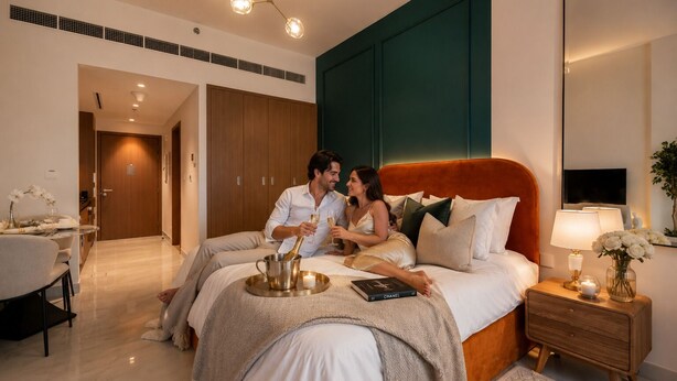 Ett modernt hotellrum med en säng, ett sängbord och en tv.
