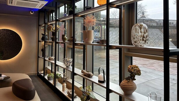 Een modern interieur met een glazen scheidingswand waarop diverse decoratieve objecten staan en een uitzicht op buiten.