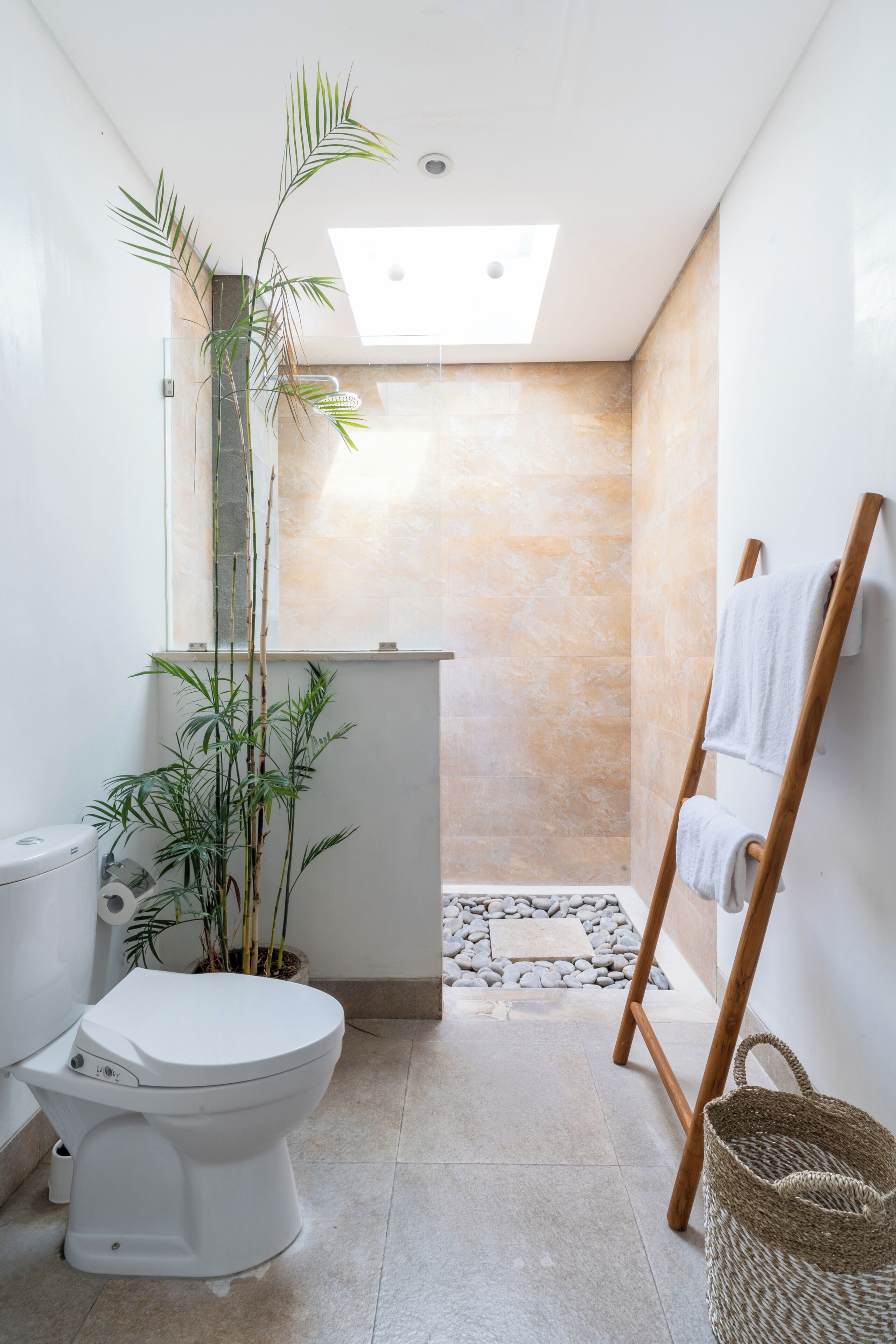 Ein modernes Badezimmer mit Toilette, Waschbecken, Dusche, einer Pflanze und einer Holzleiter.