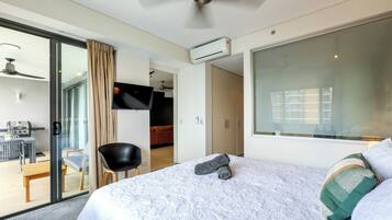 1 bedroom, desk, iron/ironing board, travel crib