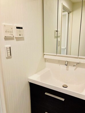 Secadora de cabello, toallas, jabón, papel de baño 