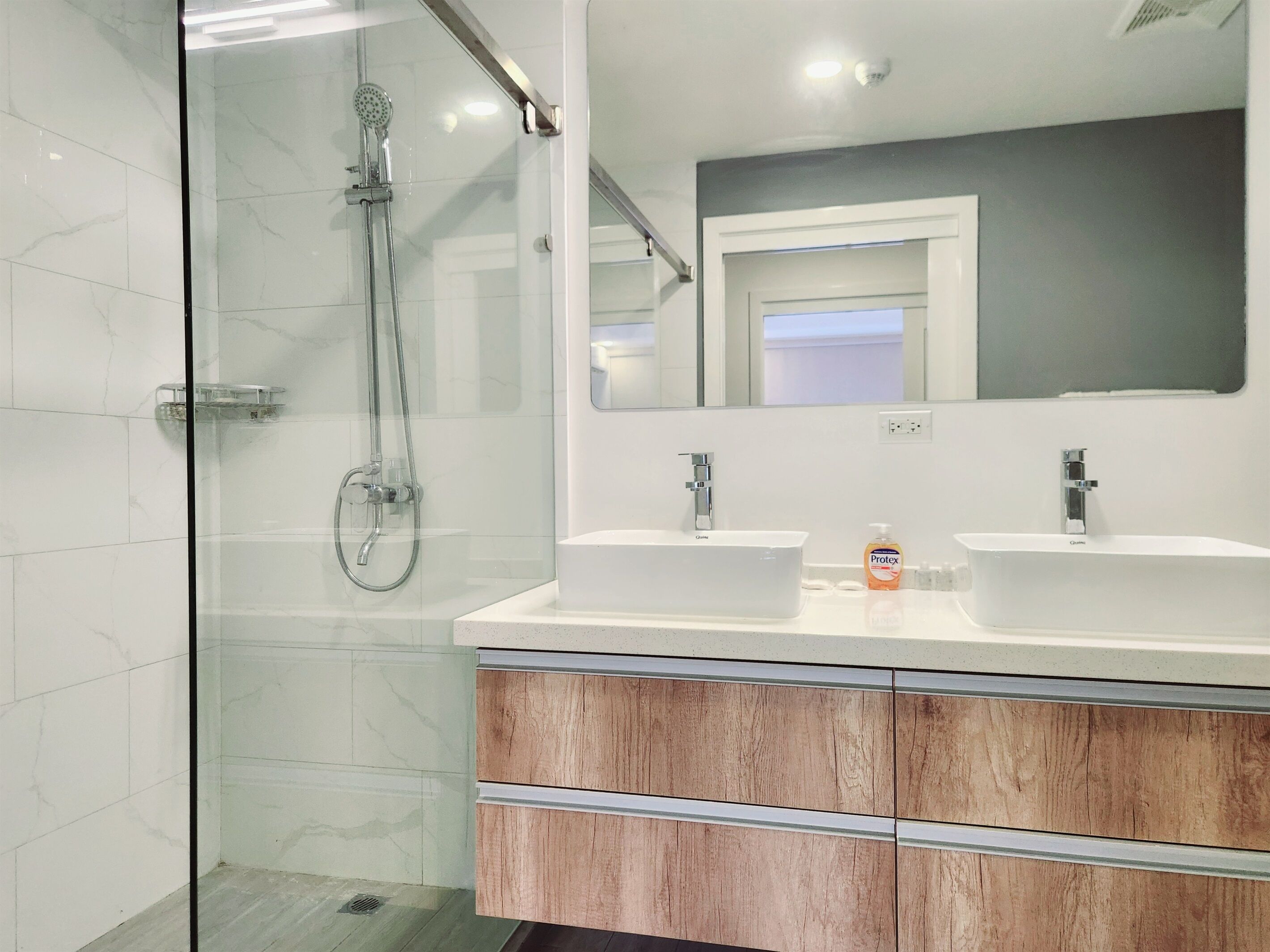 Shower, hair dryer, towels