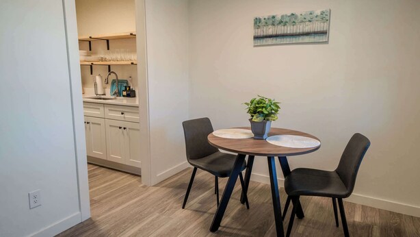 A dining area with a round table, two chairs, and a potted plant. - Stay Roanoke | Charming 1BR Near Hospital & City (Roanoke)