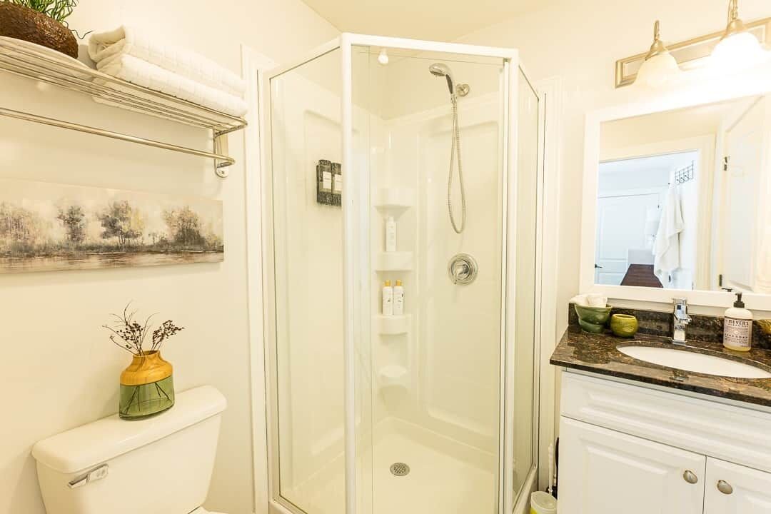 A bathroom with a glass-enclosed shower, a toilet, a sink with a marble countertop, and a mirror above the sink.
