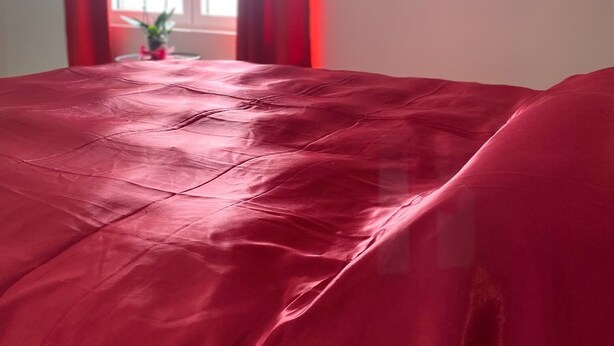 A room with a bed covered in a red blanket, a window with curtains, and a potted plant on the windowsill. - Dimora Filippo (Sant'Elpidio a Mare)