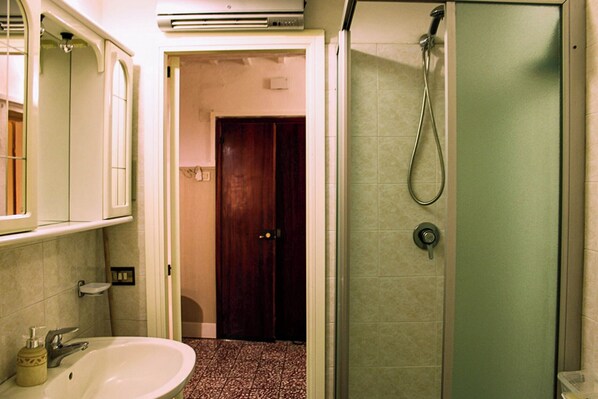 A bathroom with a white sink, a mirror, a shower with a handheld showerhead, and a door leading to another room.