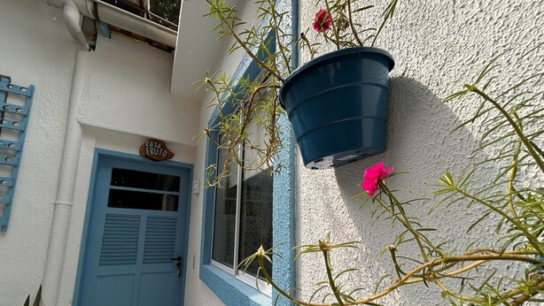 A blue door with a window, a blue-framed window, and a blue hanging planter with a pink flower. - Flor e Fruto Retreat - Little Fruit House (Rio de Janeiro)