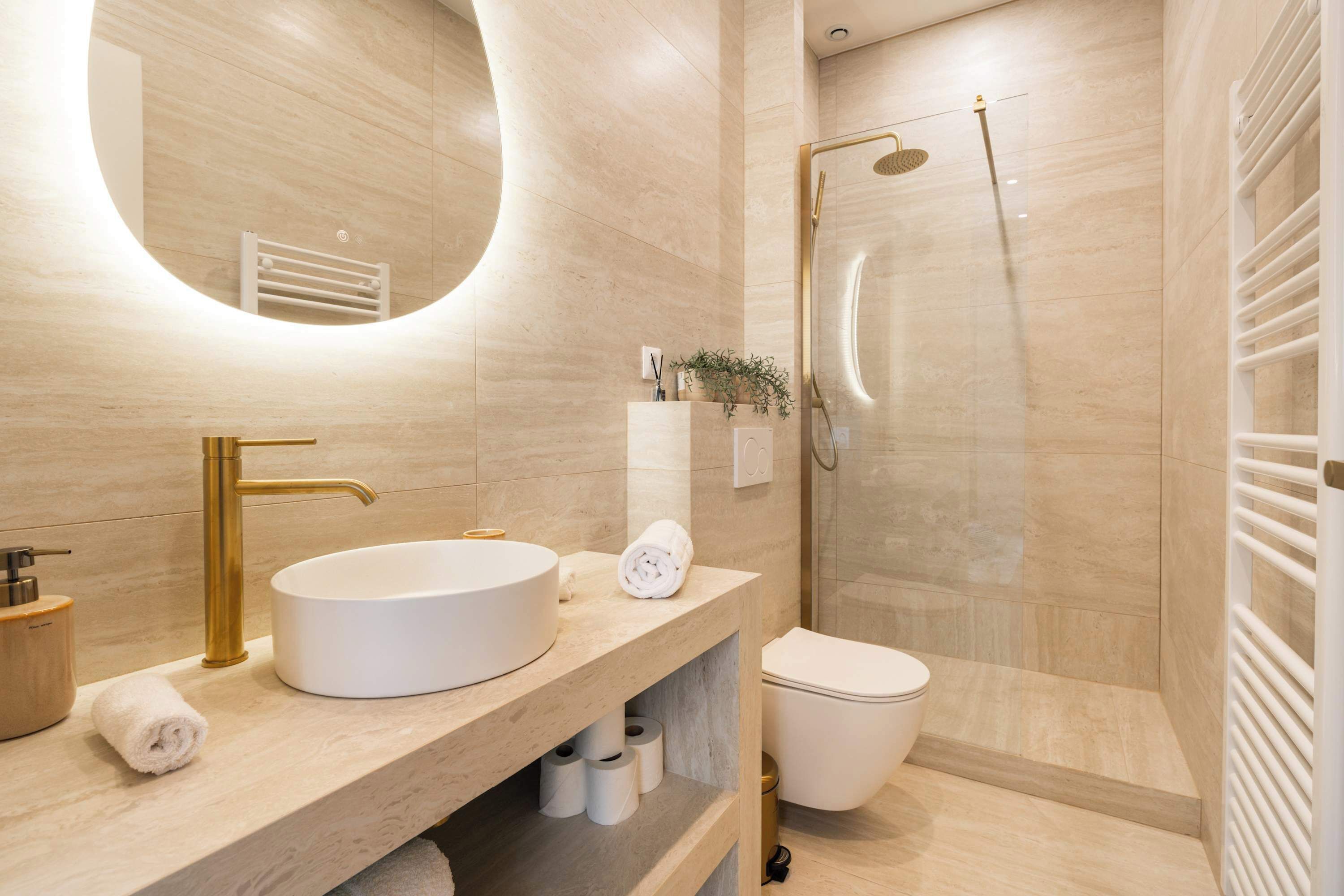 Shower, hair dryer, shampoo