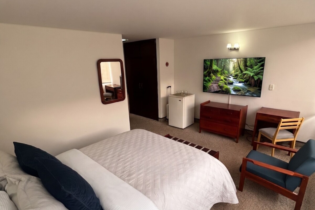 A hotel room with a bed, a desk, a chair, a television, and a mirror.