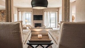 Una sala de estar moderna con chimenea, dos sofás, una mesa de centro y una lámpara colgante.