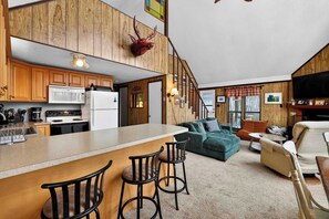 Smart TV, fireplace, books