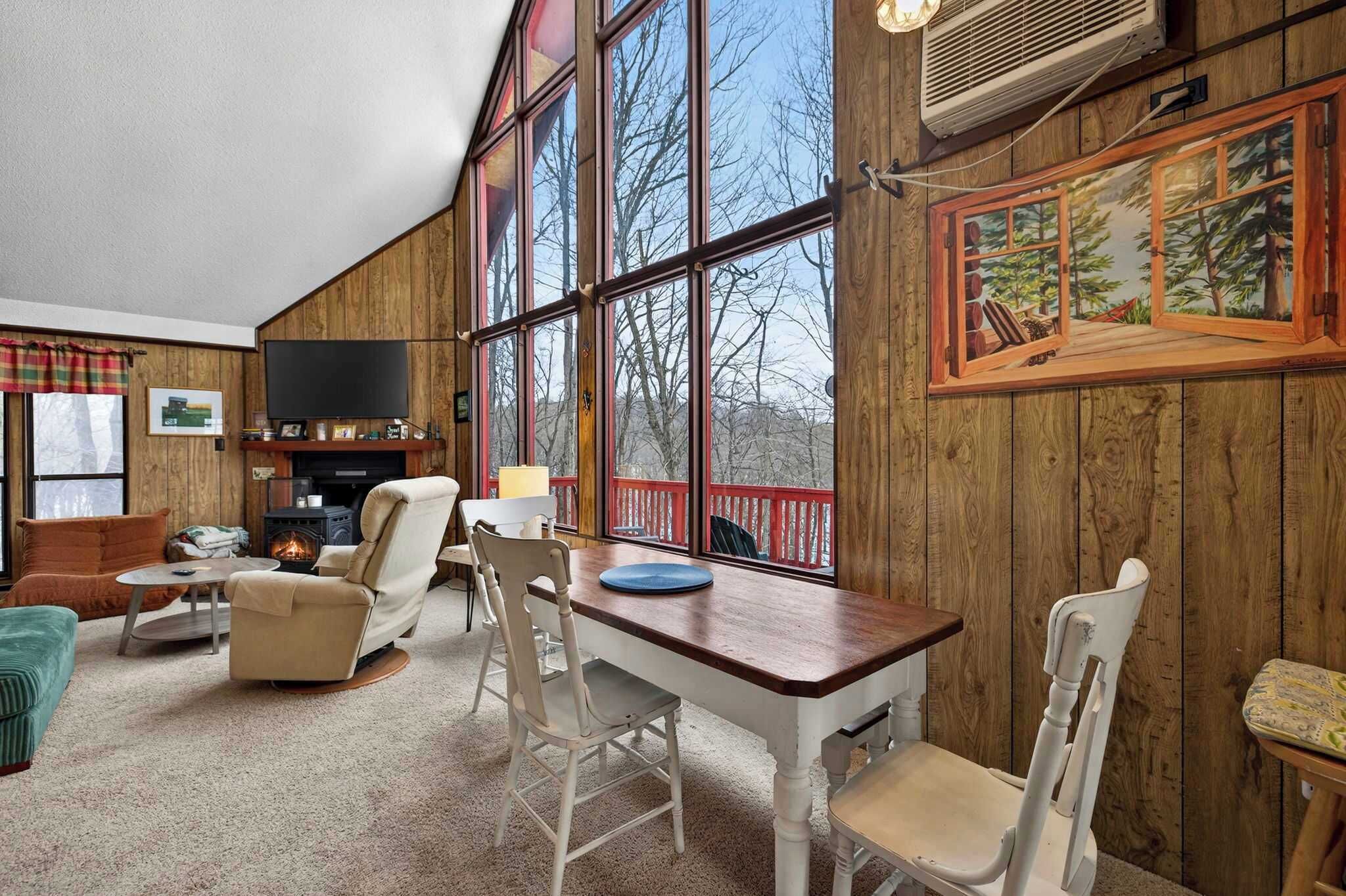 Smart TV, fireplace, books