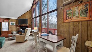 Smart TV, fireplace, books