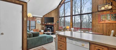 Smart TV, fireplace, books