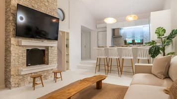 Télévision, cheminée, table de tennis de table