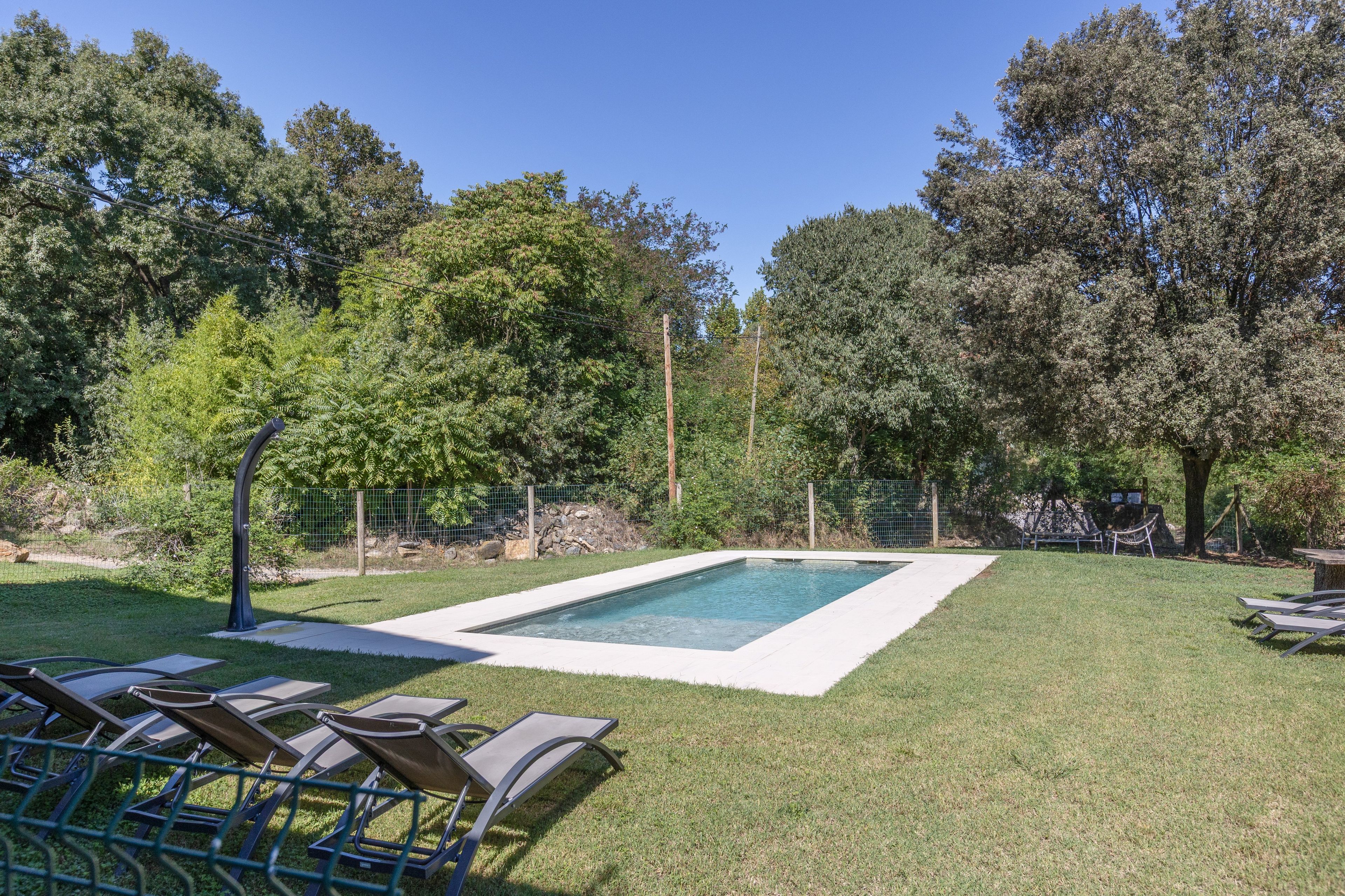 Ein rechteckiger Pool mit einer umlaufenden Rasenfläche, einer Holzterrasse und einer Hängematte.