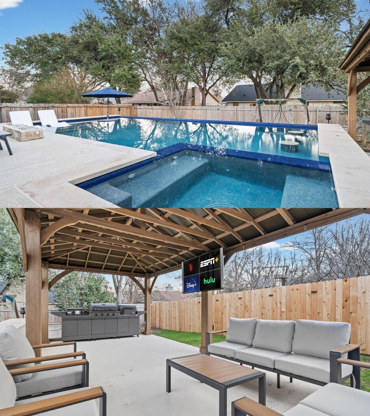 A backyard with a swimming pool, outdoor seating, and a TV screen displaying ESPN, Hulu, and Netflix.