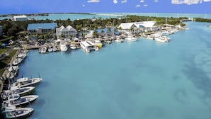 A marina with multiple boats docked, a building with a blue roof, and a clear view of the surrounding water and land. - Spacious 3BR Villa in Duck Key | Fishing + Pools (Duck Key)