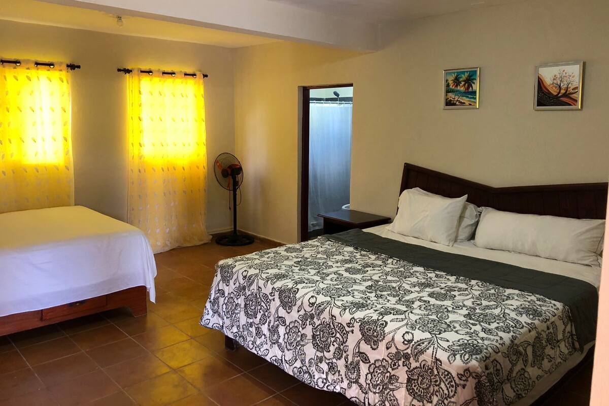 Une chambre d’hôtel avec deux lits simples, un grand lit recouvert d’une couvre-lit à motifs, un ventilateur sur pied et deux tableaux accrochés au mur.