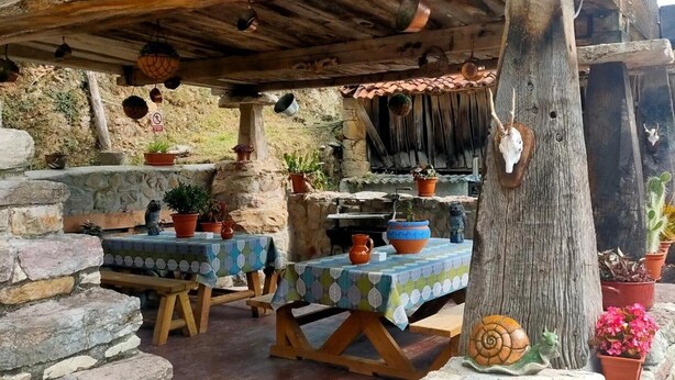 Un área de comedor al aire libre de estilo rústico, con paredes de piedra, mesas de madera y plantas en macetas.