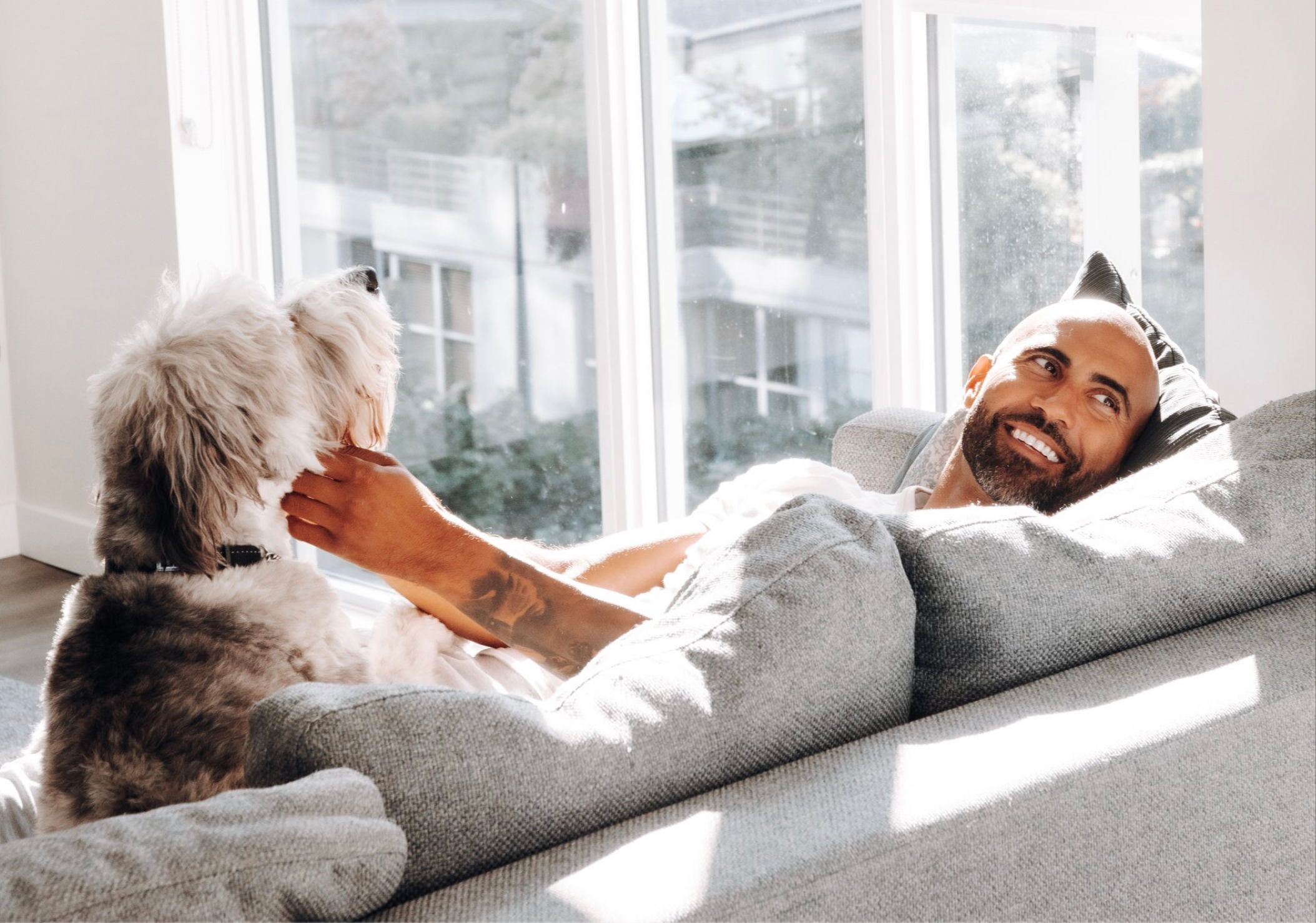 Eine Person liegt auf einem grauen Sofa, neben ihr ein Hund, in einem Raum mit großen Fenstern.