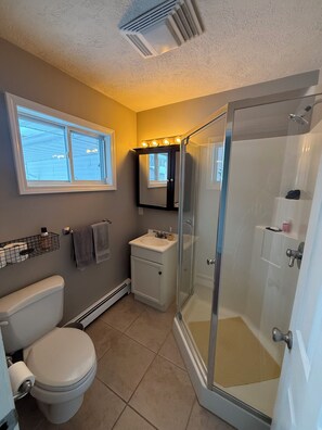 Un bagno con toilette, lavabo, specchio e doccia.