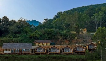 Una hilera de cabañas de madera con ventanas amplias, frente a un denso bosque y una montaña.