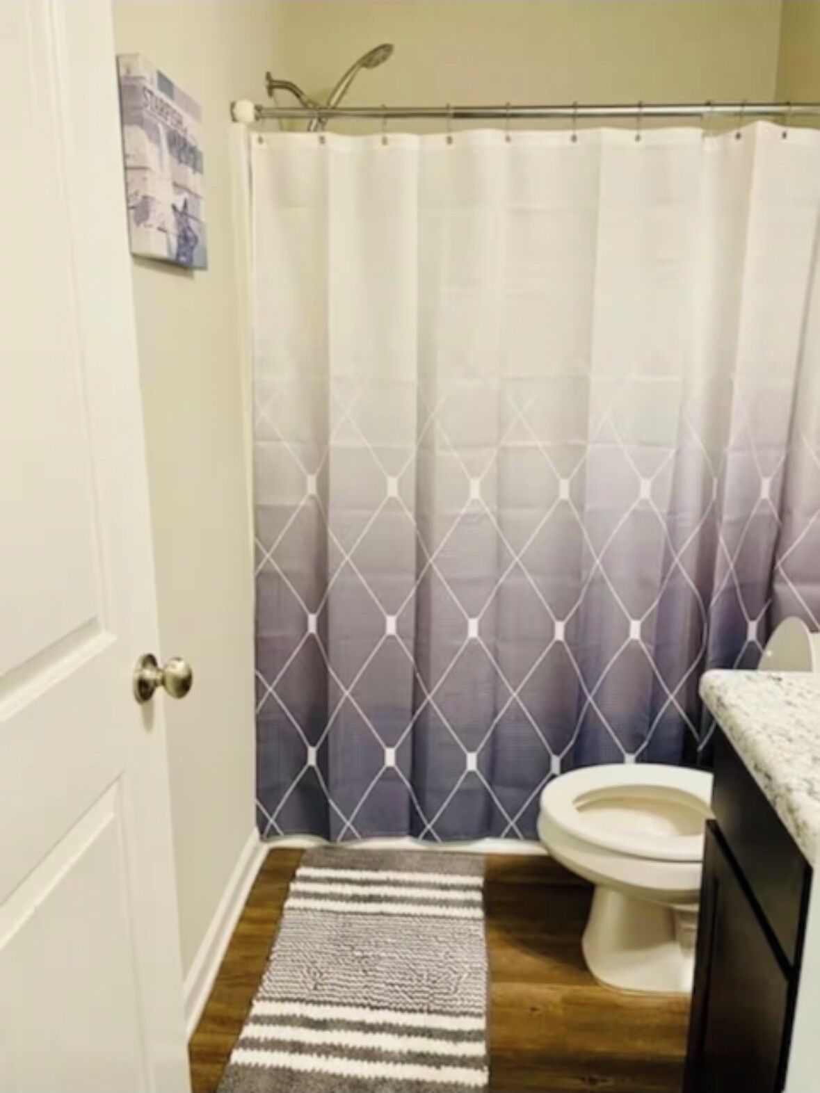 A bathroom with a shower curtain, toilet, and a striped rug.