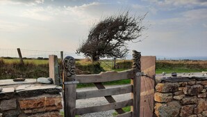 Una reja de madera rústica con un muro de piedra, un cierre de metal y un adorno metálico.