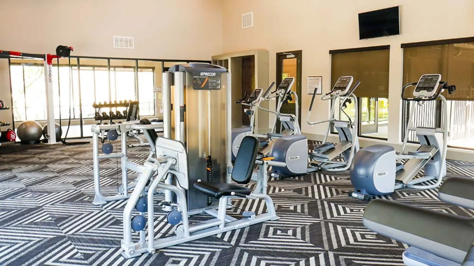 Ein Fitnessraum mit verschiedenen Trainingsgeräten, einem gemusterten Teppich und großen Fenstern.