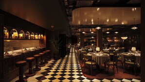 A bar area with stools and a checkered floor, a dining area with tables and chairs, and a bar with shelves of bottles.