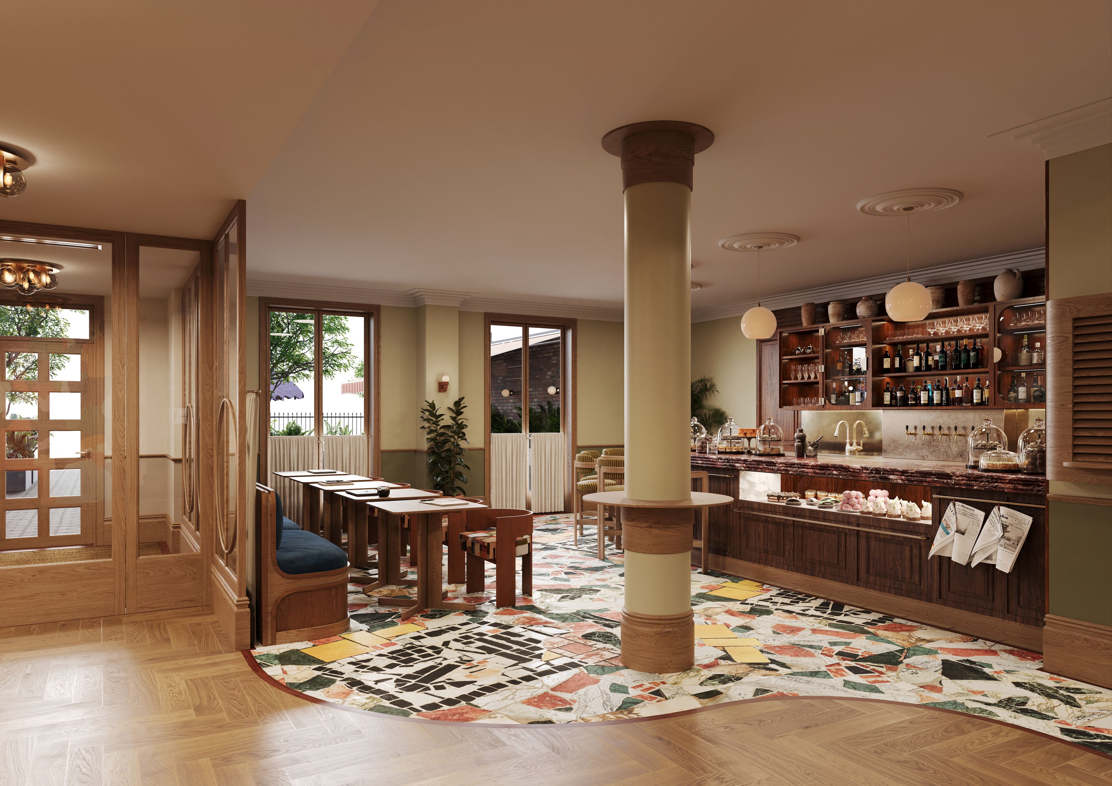 Un espace bar avec des meubles en bois, un sol carrelé et une grande colonne.