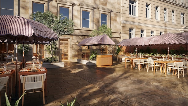 An outdoor dining area with tables and chairs, striped umbrellas, and a building in the background.