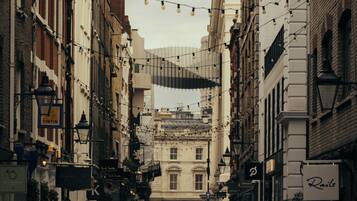 A cobblestone street lined with historic buildings, some with visible signage, and a string of lights above.