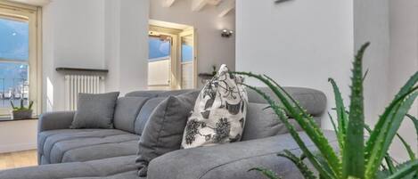 A modern living room with a grey sectional sofa, a patterned throw pillow, and a potted aloe plant.