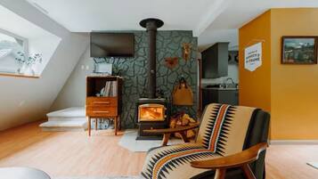 Smart TV, fireplace, books, stereo