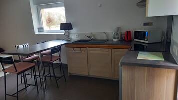 Fridge, microwave, stovetop, coffee/tea maker