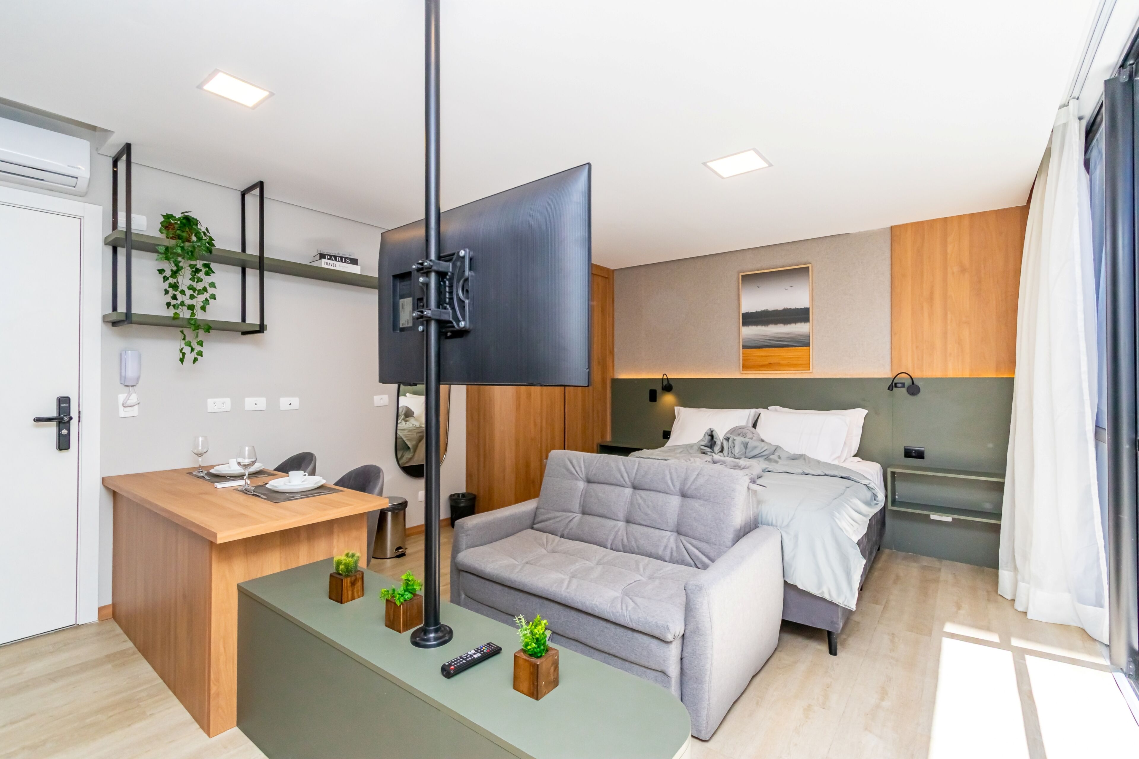 A modern hotel room with a flat-screen TV, a sofa, a bed, a desk, and a small plant.