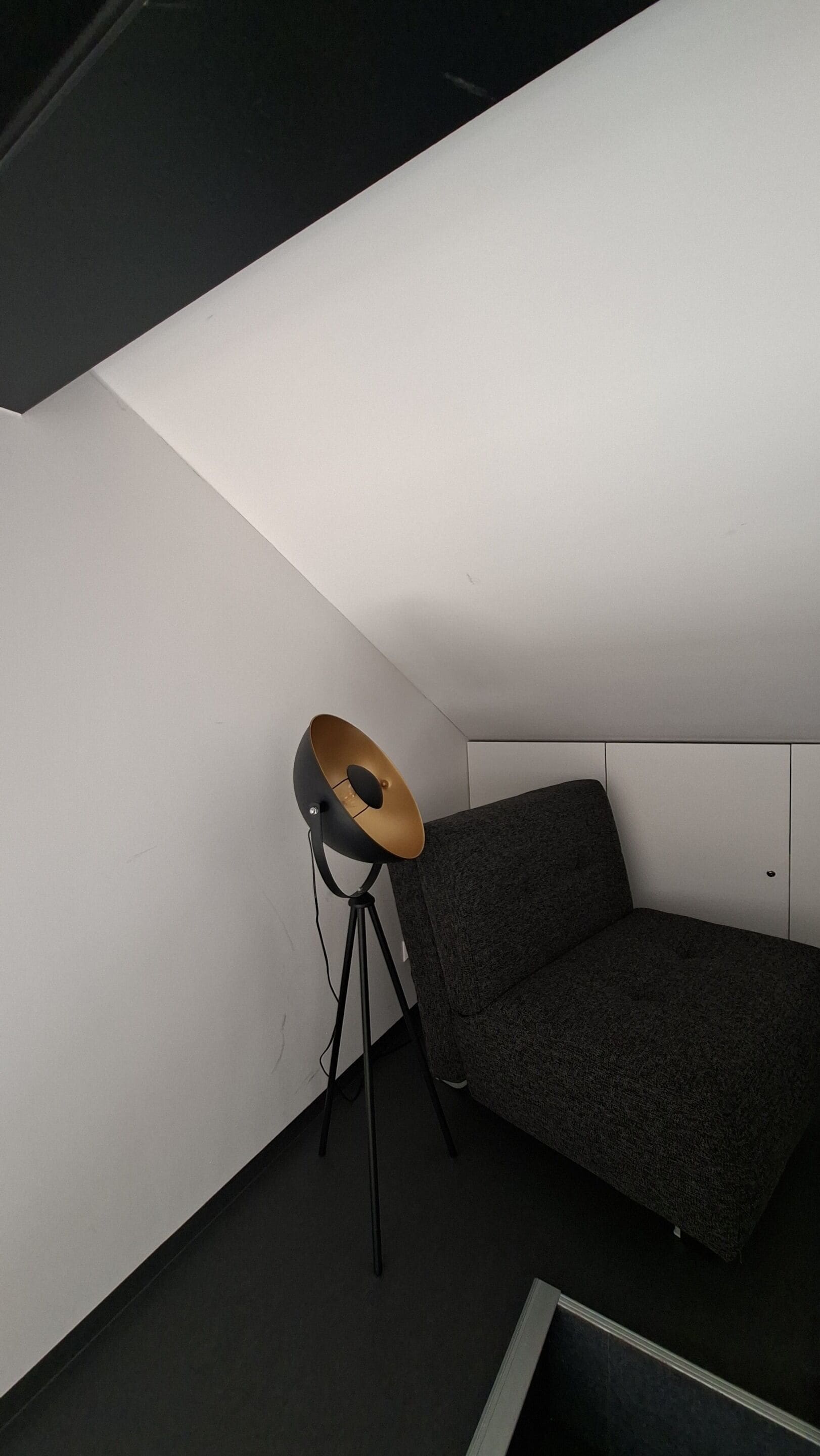 A corner of a room with a dark grey sofa, a floor lamp with a gold-colored shade, and a white wall.