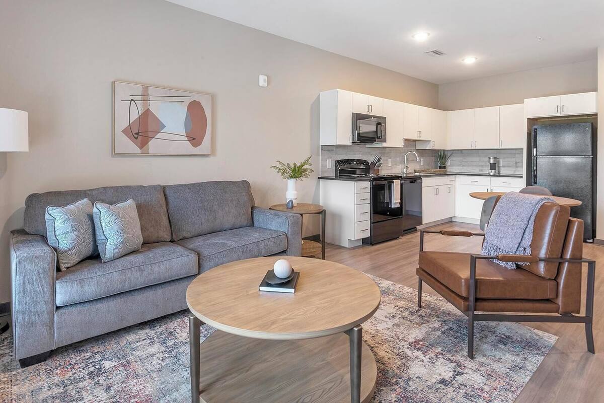 Un appartement moderne avec un canapé gris, une table ronde en bois, un fauteuil en cuir marron, une cuisine avec des meubles blancs et une petite plante en pot.