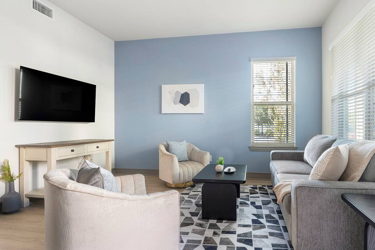 A living room with a TV, two sofas, a coffee table, and a patterned rug.
