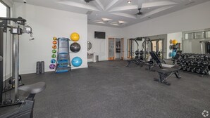 A gym with exercise equipment, a wall-mounted ball rack, and a mirror. - Landing Apartments - West Asheville (Asheville)