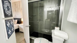 Hair dryer, towels, soap, toilet paper