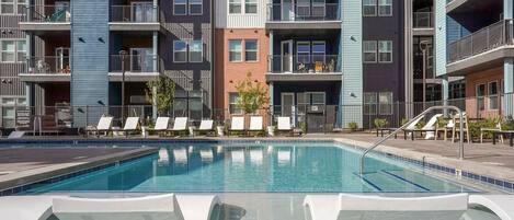 Seasonal outdoor pool, sun loungers