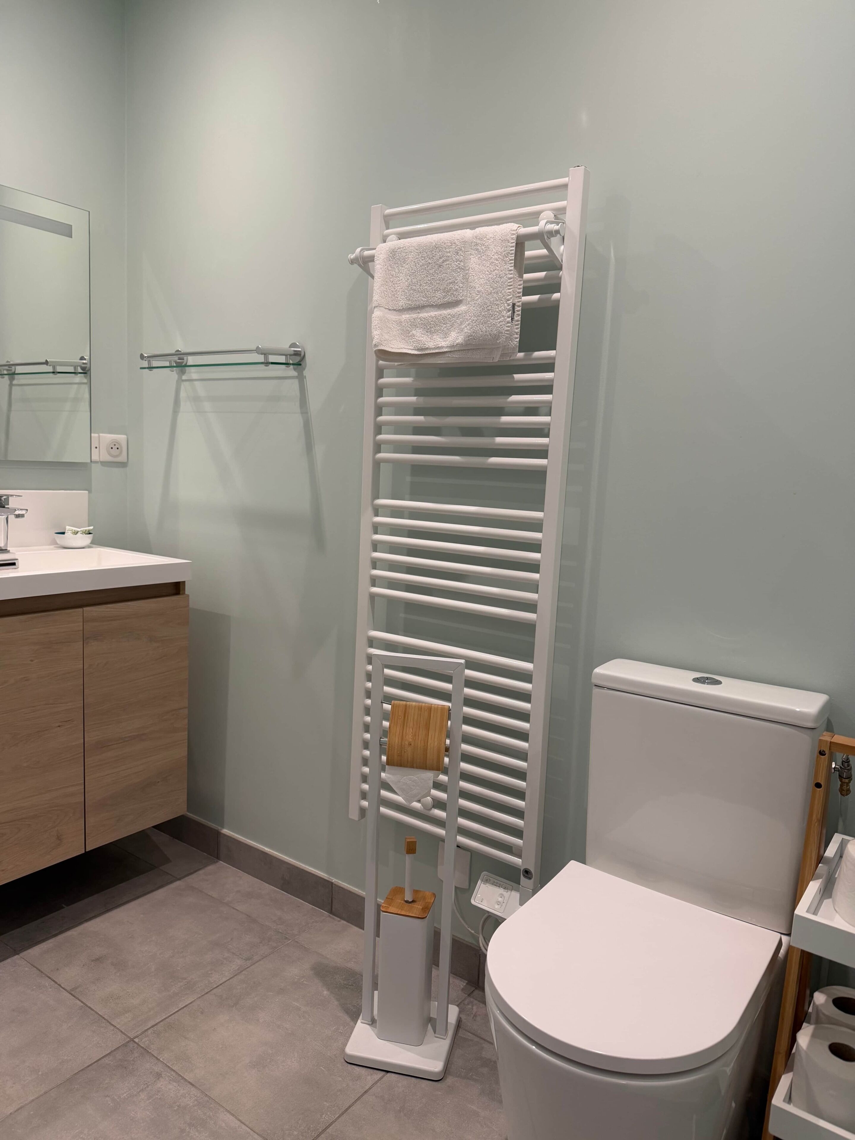 Un bagno con il water, un portasciugamani, uno specchio e un armadietto in legno.