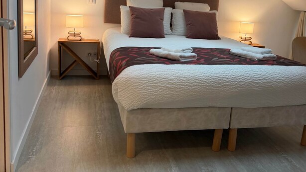 A bedroom with a skylight, a bed with pillows, bedside tables with lamps, and a painting on the wall.
