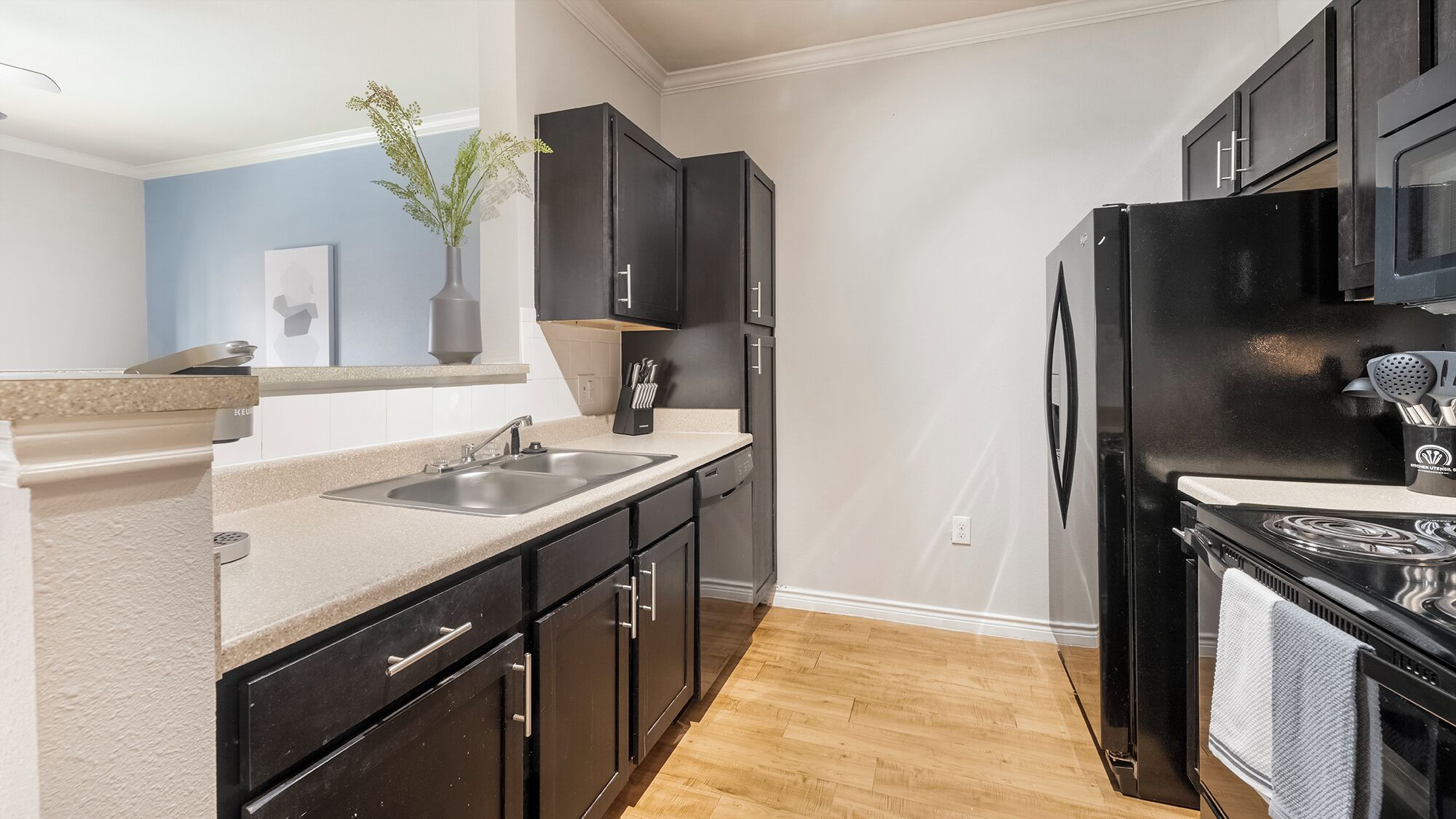 A modern kitchen with black cabinets, a stainless steel sink, and a black refrigerator.