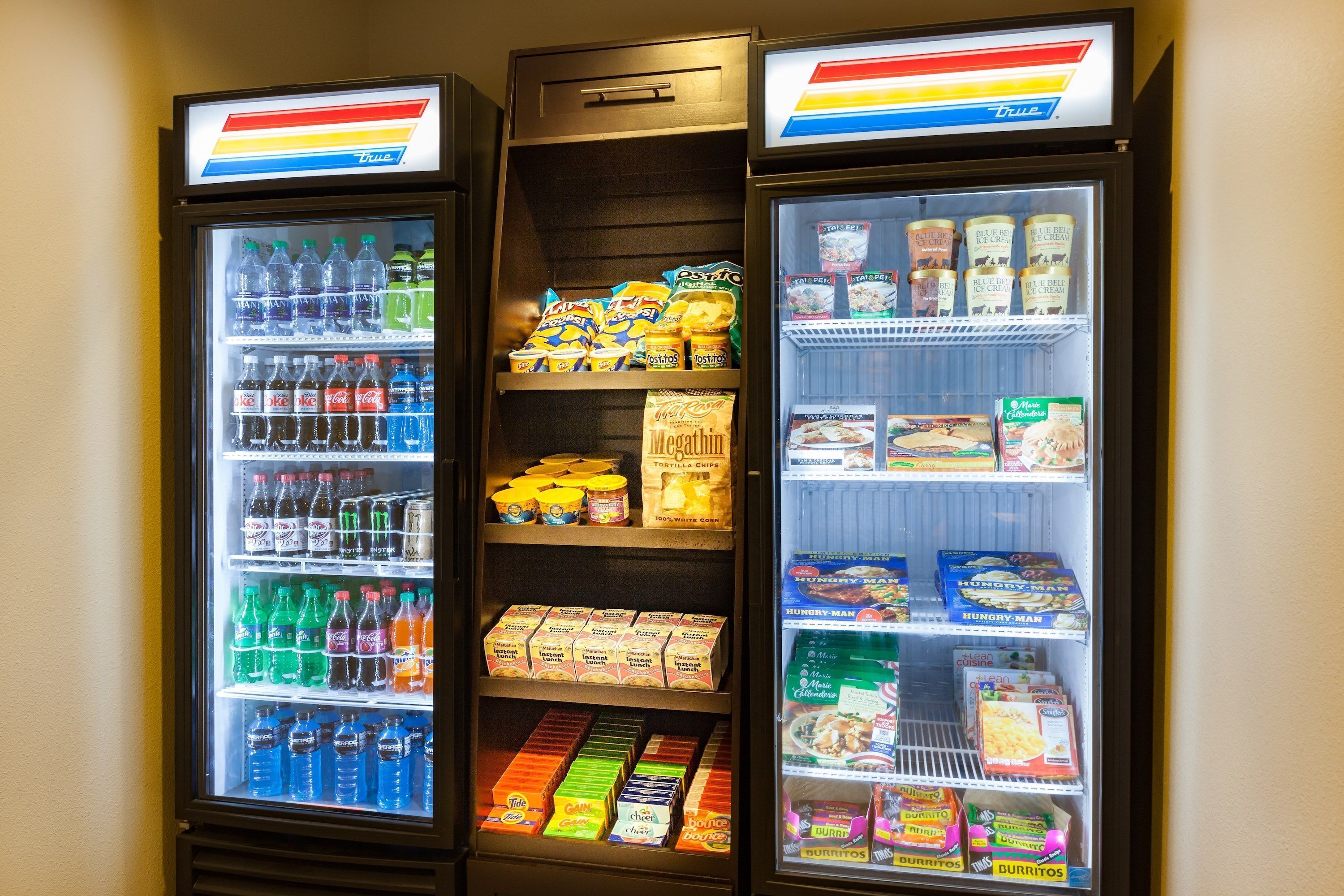 A vending machine with various beverages and snacks.