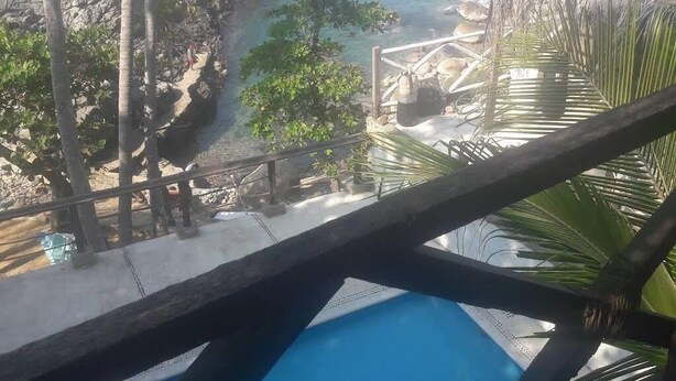 Una piscina con vista su una costa rocciosa e palme.