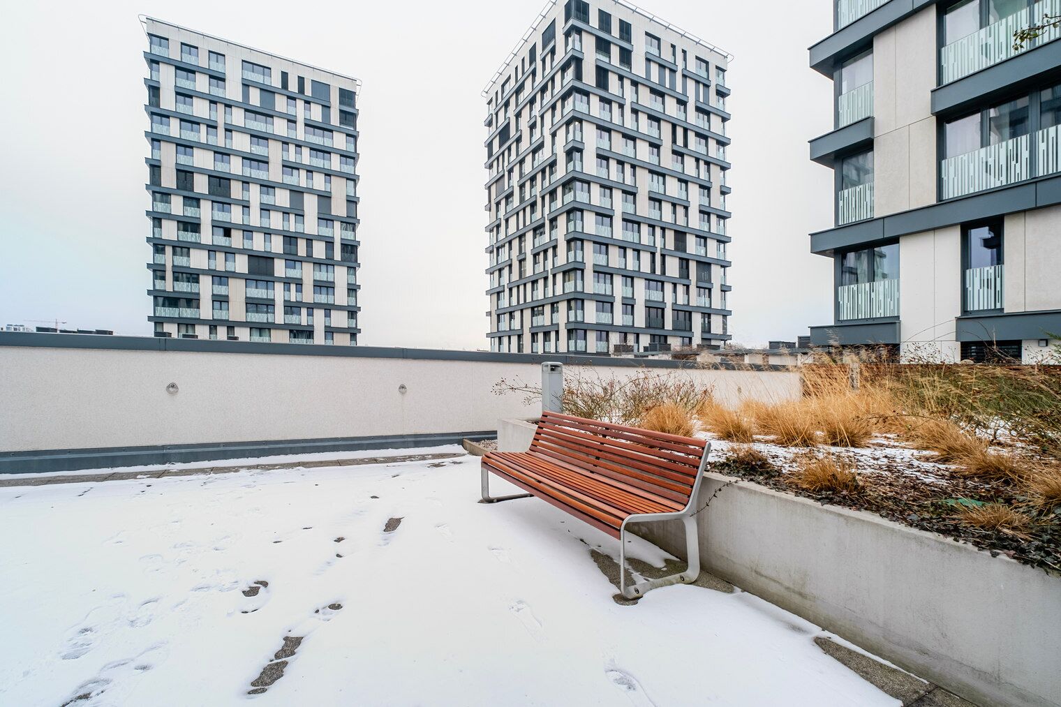 Een dak bedekt met sneeuw, met een houten bankje en een lage muur met planten.